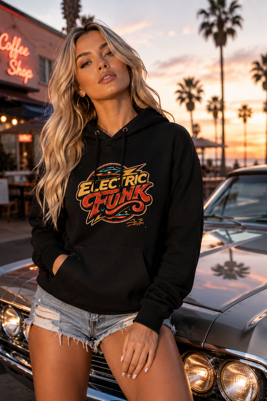 A woman wearing a black pullover hoodie with a colorful 'Electric Funk' graphic on the front, posing next to a classic car in front of a sunset with palm trees.