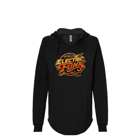 A woman wearing a black pullover hoodie with a colorful 'Electric Funk' graphic on the front, posing next to a classic car in front of a sunset with palm trees.